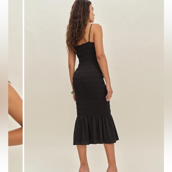 Reformation Seren Dress Black Size 4 Midi Square Neck Shirring Ruffled Hem Small - Picture 4 of 16